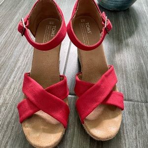 TOMS red canvas basket weave wedges. Worn 2 times.